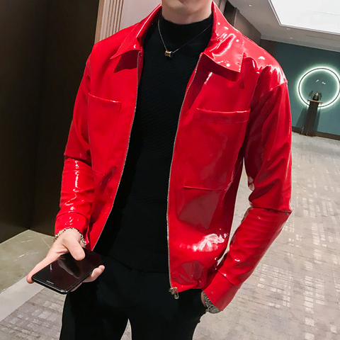 Shiny Leather Jacket Men's Stage Costume Red Black Brown Nightclub Club Men's Leather Jacket Solid Color Slim Men's Jacket Coats ► Photo 1/5