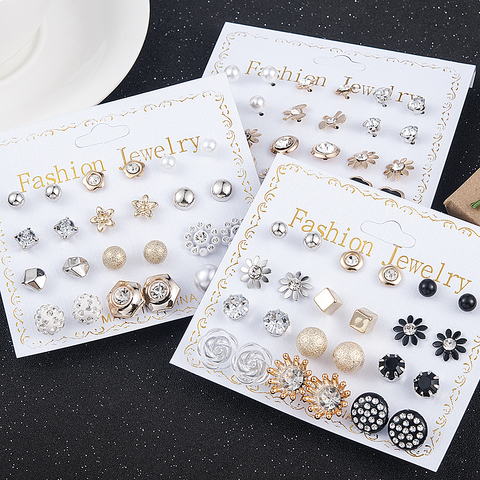 12 Pairs/Set Women's Pearl Flower Crystal Mix Design Studs Earrings Girls Elegant Gold Heart Ear Jewelry Gift Aretes De ► Photo 1/6