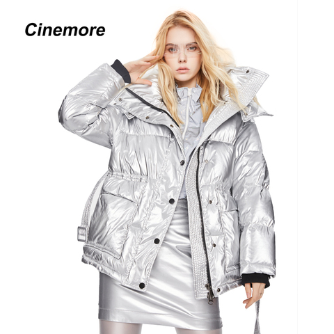 CINEMORE 2022 women's Winter jacket Thick mid-length waist white duck Down Jackets Slim belt Silver shiny parka women coat 82056 ► Photo 1/6