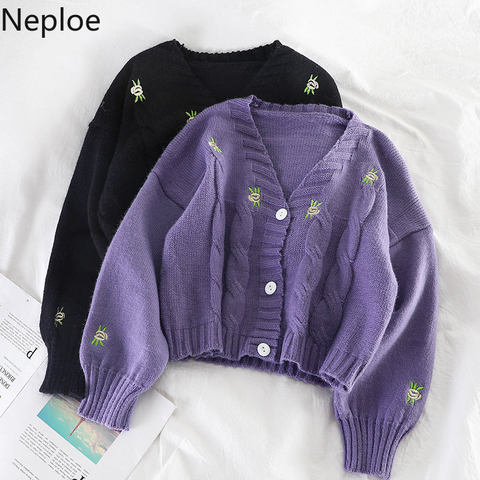 Neploe Korean V Neck Lantern Long Sleeve Knitted Cardigans Female Embroidery Solid Single Breast Short Sweater Coat Autumn New ► Photo 1/6