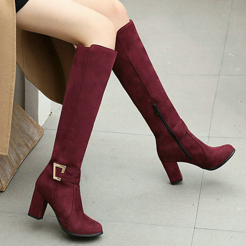 2022 New Faux Suede Women Knee High Boots Fashion Buckle Women Square Heel Boots Autumn Winter Ladies Shoes Black Blue Wine Red ► Photo 1/1