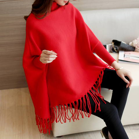 2022 Women Pullovers and Sweaters Loose Tassel Soft Shawl Poncho Women Turtleneck Sweater Bat Long Sleeve Pullover Sweater ► Photo 1/6
