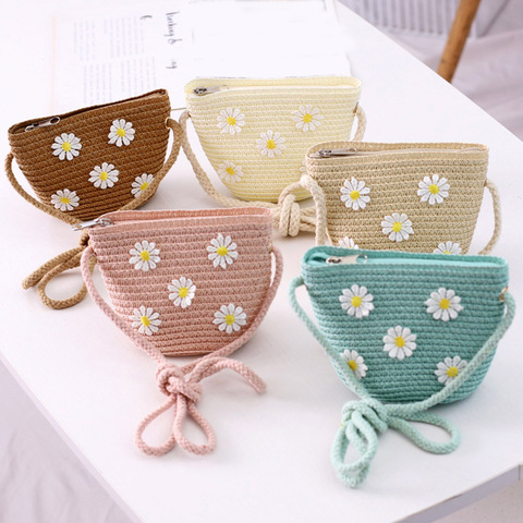 New 2022 Summer Children Girls Shoulder Bag Daisy Flower Straw Bag Messenger Bag Kids Keys Coin Purse Cute Princess Mini Handbag ► Photo 1/6