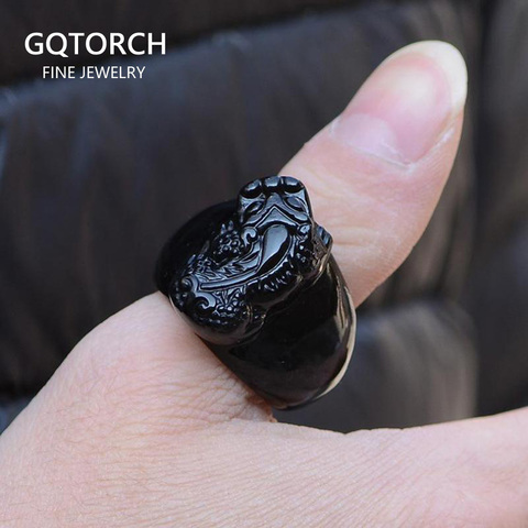 Natural Black Obsidian Stone Ring Carving Brave Troops Mysterious Animal Mens Ring Size 10 12 New Arrivals 2017 Aneis ► Photo 1/4
