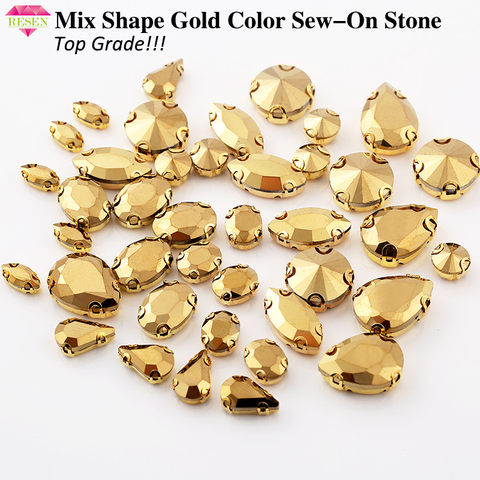 RESEN Top Grade! 50PCS Gold Rhinestone Mix Shape Rhinestone Glass Sew on Rhinestones With Gold Claw For Sewing Diy Garments ► Photo 1/6