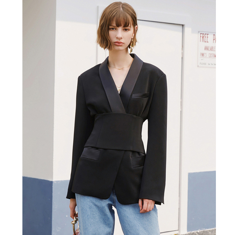 AEL Women's Blazer Jacket Black with cummerbund Female Autumn streetwear Lady Jackets 2022 Elegant Outwear blazers ► Photo 1/6