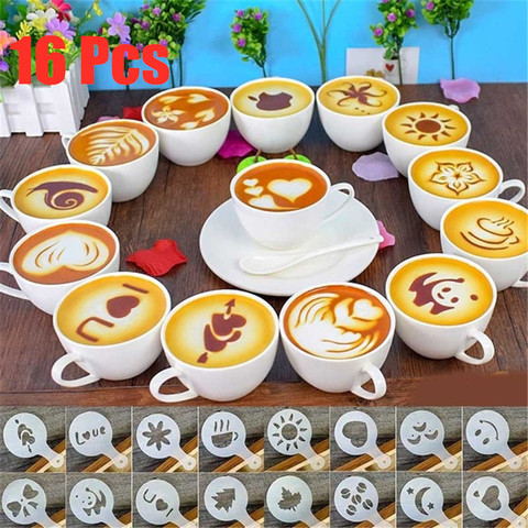 16 PCS/ Set Mixed Styles Cappuccino Latte Coffee Stencils Duster Cake Mold Spray, Coffee DIY Art Stencils ► Photo 1/6