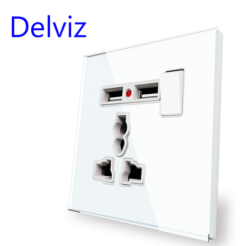 Delviz Universal USB Socket, 2.1A Dual USB Charger speedy Port, LED indicator, Tempered glass Panel, EU Wall 3 Hole Power Socket ► Photo 1/4