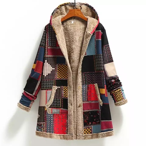 2022 Winter Vintage Women Coat Warm Printing Thick Fleece Hooded Long Jacket with Pocket Ladies Outwear Plus Size Coat for Women ► Photo 1/6
