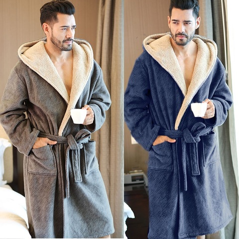 2022Winter Men Bathrobes Hooded Flannel Long Bath Robe Male Comfortable Gray Long Home Warm Dressing night Gown pajamas homewear ► Photo 1/6