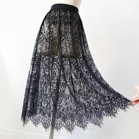 Women Sexy Mesh Lace Transparent Long Tulle Skirt Korean Fashion Summer Ladies Elastic High Waist Black White Beach Midi Skirt ► Photo 1/6