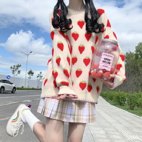 New Preppy Style Spring Autumn Women Cute Fruit Sweater O Neck Peach Strawberry Loose Warm Pullover Lolita Kawaii Girl's Sweater ► Photo 1/6