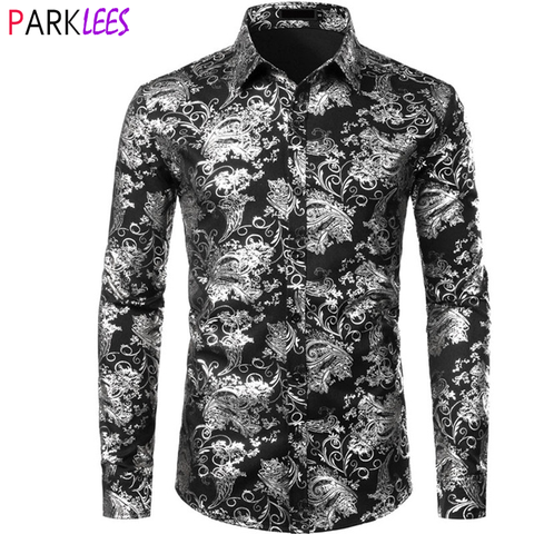 Silver Paisley Luxury Printed Floral Shirt Men Wedding Party Dinner African Dress Shirts Mens Wedding Dinner Party Chemise Homme ► Photo 1/6