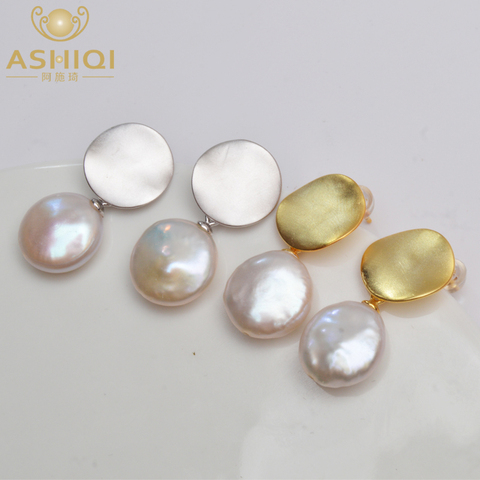 ASHIQI Real 925 Sterling Silver Korean Earring Big Natural Freshwater Baroque Pearl fashion jewelry for women серьги позолото ► Photo 1/6
