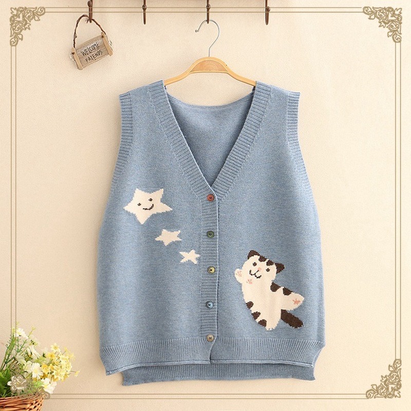 Women Kawaii Yellow Sweater Vest V Neck Cartoon Cat Wool Knitted Cardigan  Cute School Girl Loose Sleeveless Sweater Pink Red - Price history & Review  | AliExpress Seller - Himifashion Official Store 