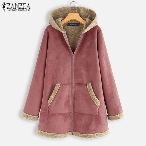 2022 Plus Size ZANZEA Winter Zipper Fleece Jackets Women Vintage Solid Hooded Long Sleeve Warm Coats Overcoats Femme Outwear ► Photo 1/5