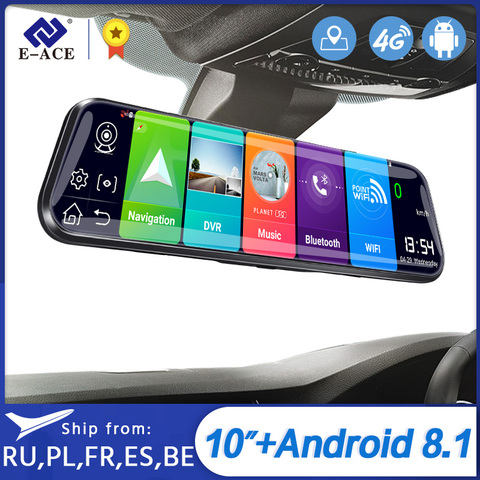 E-ACE D13 4G Car Dvr 10 Inch Mirror Dash Cam Android 8.1 GPS Navigation Car Camera Auto Recorder ADAS support 1080P Rear Camera ► Photo 1/6