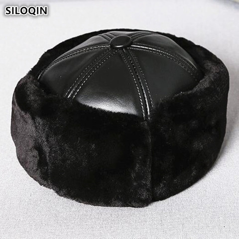 SILOQIN Men's Earmuffs Caps Genuine Leather Cap Warm Bomber Hats Men Winter Thicker Velvet Sheepskin Leather Ski Cap Dad's Hat ► Photo 1/6