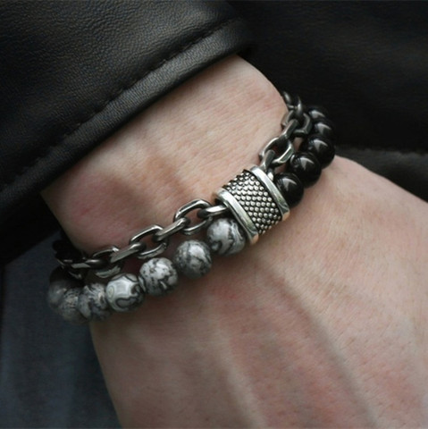 Natural Map Stone Men's Beaded Bracelet for women Stainless Steel Bracelets Male Jewelry Tiger eye  bracelet ► Photo 1/6