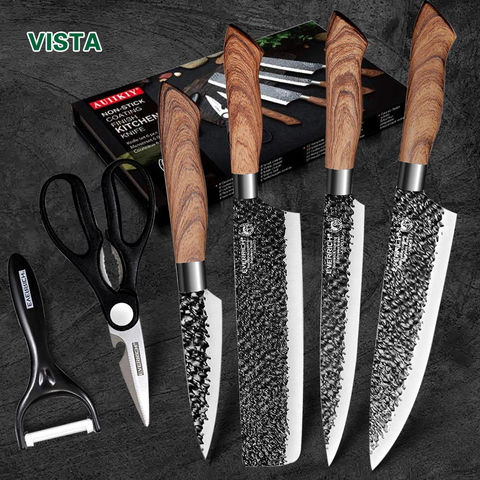 Stainless Steel Kitchen Knives Set Tools Forged Kitchen Knife Scissors  Ceramic Peeler Chef Slicer Nakiri Paring Knife Gift Case