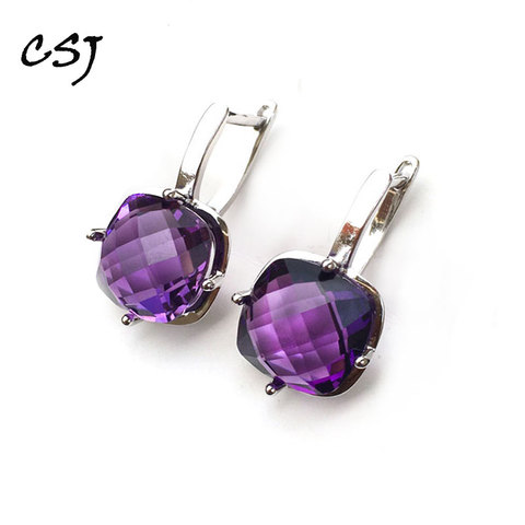 CSJ Amethyst quartz gemstone noble Earring Sterling 925 Silver Cushion 9Ct checkboard cutting Fine Jewelry For Women Lady Gift ► Photo 1/6