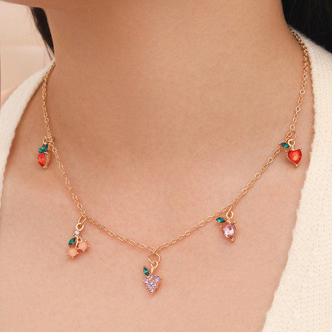 Sweet Women Fashion Crystal Apple Cherry Grape Fruits Necklace Exquisite Gold Chain Necklace Jewelry Gifts ► Photo 1/6
