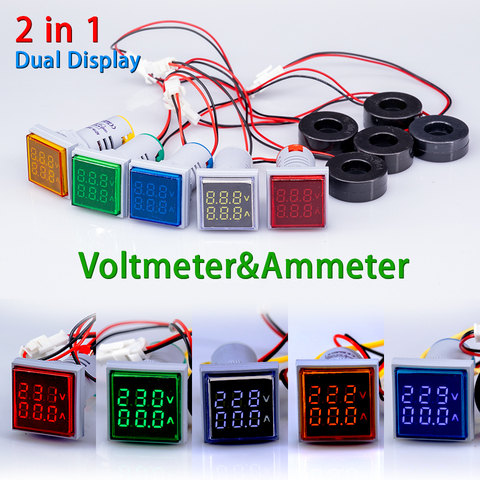 AC 60-500V 0-100A Square 22mm LED Digital Dual Display Ammeter Voltmeter Voltage Gauge Current Meter led Modules Indicator light ► Photo 1/6