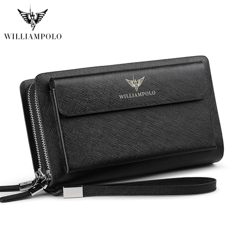 Business Genuine Leather Wallet Long Double Zipper Wrist Men Phone Wallet Purses Cowhide Luxury Brand High Capacity Clutch Bag ► Photo 1/6