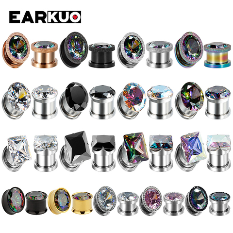 EARKUO Luxury Unique Stainless Steel Zircon Ear Piercing Tunnels Plugs Gauges Fashion Body Jewelry Ear Tunnels Stretchers 2PCS ► Photo 1/6