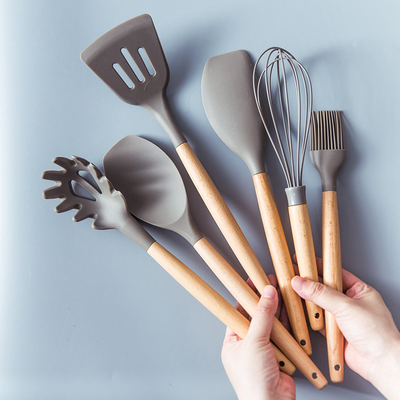 Silicone Kitchenware Cooking Utensils Set Non-stick Cookware Accessories  Spatula Wooden Handle Black Cute kitchen Gadget Sets - AliExpress