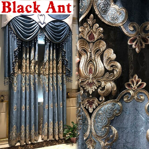 Europe Palace Blackout Curtains Bedroom Living room Villa Luxury Retro Blue Door Window Drapes Water soluble Embroidery X771F ► Photo 1/6