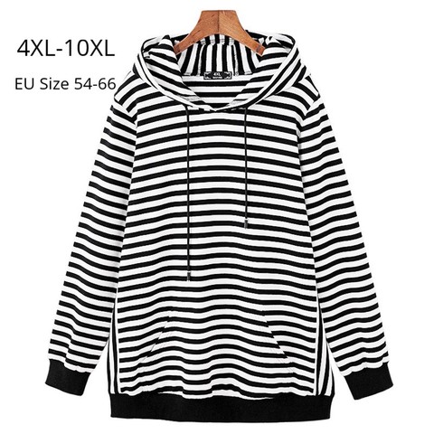 Plus Size 10XL 8XL 6XL Women Spring Autumn Long Sleeves Sweatershirts Female Black White Striped Hooded Tops Femininas Hoodies ► Photo 1/6