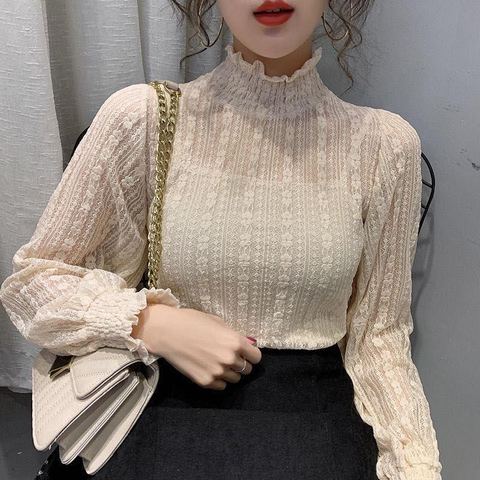 Fashion Women Lace Mesh Blouses 2022 Elegant See Through Sexy Stand Collar Autumn Winter Bottoming Long Sleeve Ladies Tops ► Photo 1/6