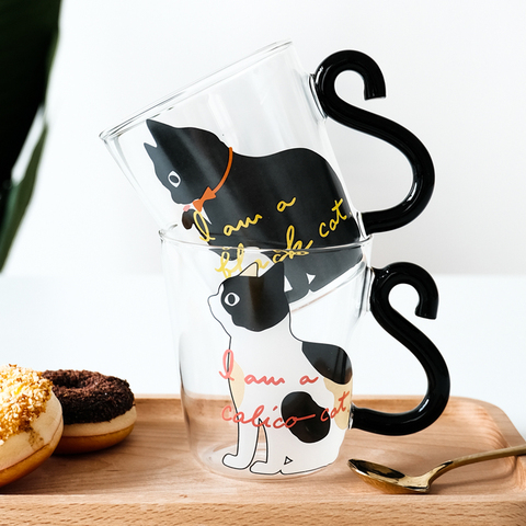 250ML Cute Cat Glass Juice Coffee Cup Milk Tea Coffee Glass Mug Cat Tail Handle Cat  Valentine's Day Lover Gifts Stainless Spoon ► Photo 1/6