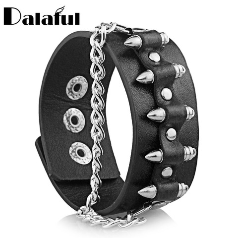 Unisex Black Metal Spike Studded Punk Rock Biker Wide Strap Leather Bracelet  Chain Wristband