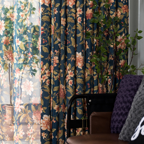 American rustic curtains semi-shade for bedroom study living room flower plant window curtain coarse cotton ► Photo 1/6