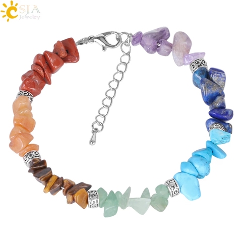 CSJA 7 Chakra Reiki Women Bracelets Chain Link Lobster Clasp Healing Balance Natural Chip Stone Beads Meditation Rainbow E446 ► Photo 1/6