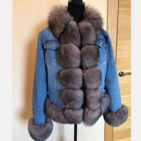 2022Women's New Natural Fox Fur Denim Jacket, Parker Clothing Rabbit Fur Lining Real Fox Fur Denim Jacket Warm Fashion Casual E ► Photo 1/6