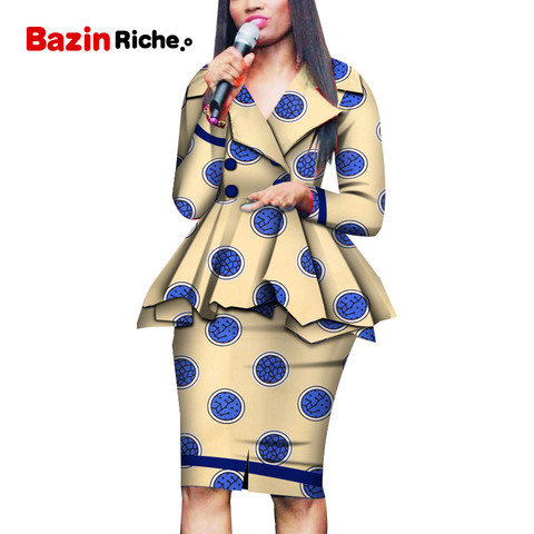 Africa Style Women African Clothing Two Piece Set Dress Suit for Lady Tops Jacket and Print Skirt Bazin Riche Sets WY5106 ► Photo 1/6