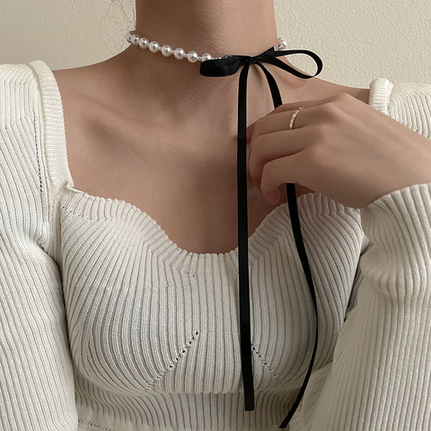 AOMU Korea Sweet Black Velvet Bow Double Necklace Simple Bowknot Plush Pearl Clavicle Chain Collar for Women Lady Jewelry ► Photo 1/6