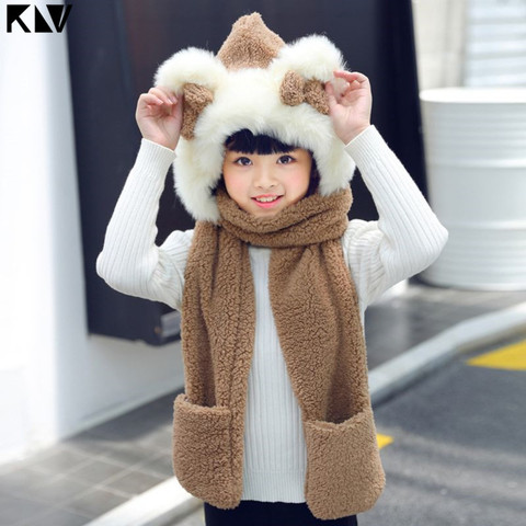 KLV Kids 3 In 1 Warm Plush Winter Hat Cute Bowknot Bear Ears Scarf Gloves Hoodie Cap ► Photo 1/6