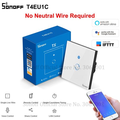 SONOFF T4EU1C Wifi Wall Touch Switch 1 Gang EU No Neutral Wire Required Switches Smart Single Wire Wall Switch Works With Alexa ► Photo 1/6