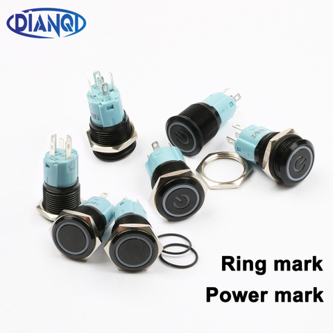 Free shipping 16mm Metal Push Button Switch Black body Waterproof Latching Momentary Maintained switch ring power lamp 16HX.S.BK ► Photo 1/6