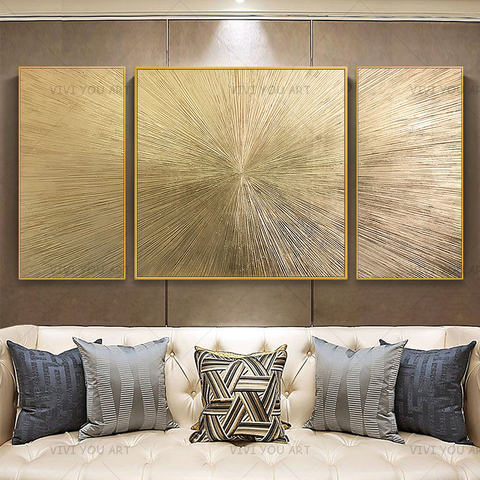 100% Handmade Modern Golden Line Oil Painting On Canvas 3 Pieces/set Golden Color Abstract Wall Art Picture For Room No Framed ► Photo 1/4