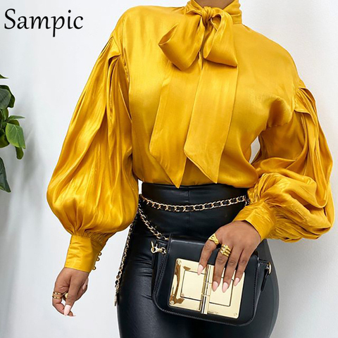 Sampic Women Fashion Female Casual Office Turtleneck Satin Blouse Shirt Red Vintage Long Sleeve Blouse Tops Spring ► Photo 1/6