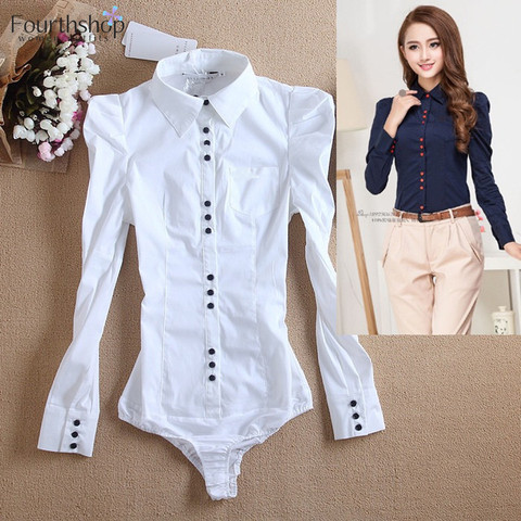 2022 Women Bodysuits Long Sleeve Bodycon White Blouse Shirt Office