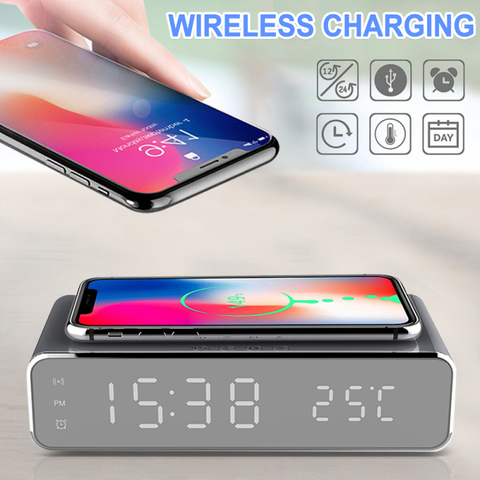 Electric Led Alarm Clock With Phone Wireless Charger Desktop Digital Date Thermometer Time Display HD Clock Mirror Table Clock ► Photo 1/6