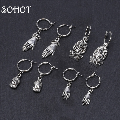 SOHOT Buddhism Unisex Buddha Hamsa Hand Emboss Pendant Women Men Hoop Earrings Trendy Ethnic Silver Color Dangle Jewelry Brincos ► Photo 1/6