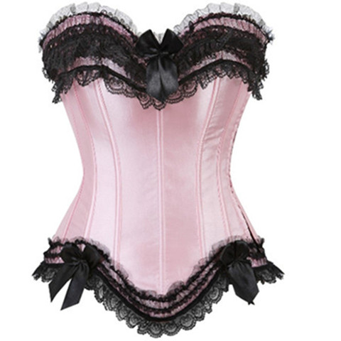 S-6XL Lace Trim Bow Satin Corset With Zipper Side For Women Plus Size Waist Corset And Bustier Outwear Overbust Corset Top ► Photo 1/6