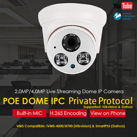 4.0MP 2.0MP HD PoE IR Dome Live Streaming IP Camera Push Video Stream to Youtube/Wowza by RTMP AAC Audio H.265/H.264 ONVIF 2.6 ► Photo 1/5